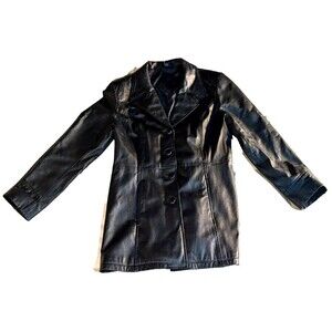 Jacqueline Ferrar Jacket Womens L Black Leather Coat Pockets Button Up Softshell